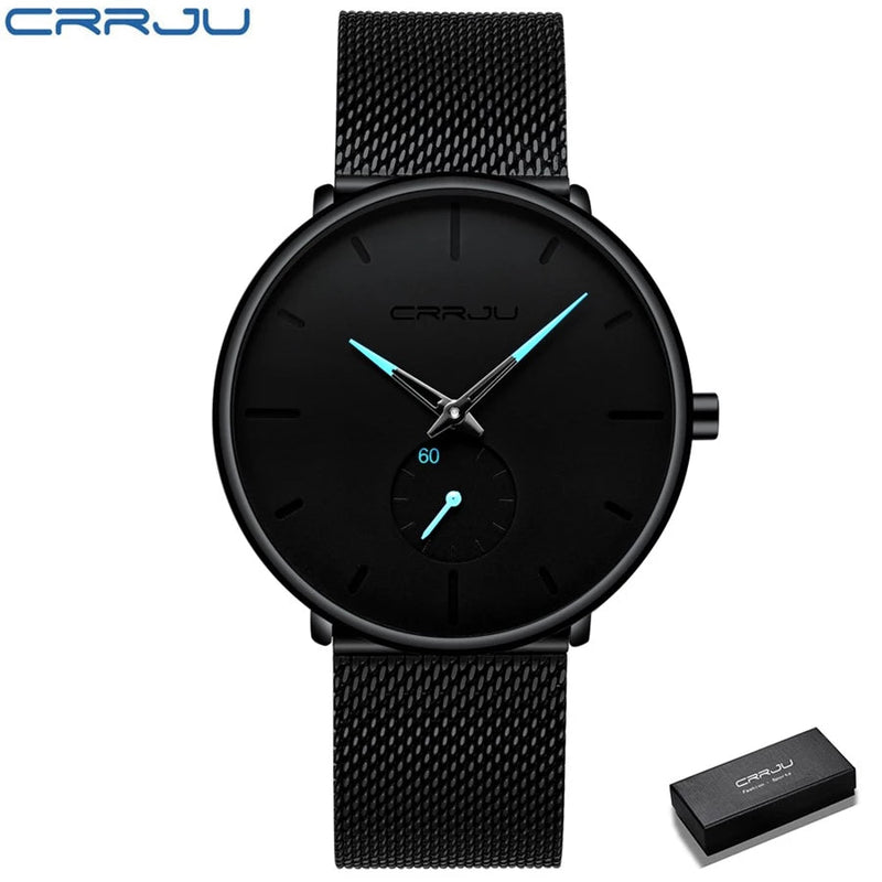Relógio de Pulso Masculino de Quartzo Modelo 2150 CRRJU Slim Black | Casual de Luxo com Design Ultra Fino - The Miner Shop