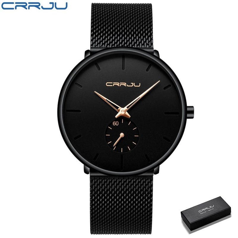 Relógio de Pulso Masculino de Quartzo Modelo 2150 CRRJU Slim Black | Casual de Luxo com Design Ultra Fino - The Miner Shop
